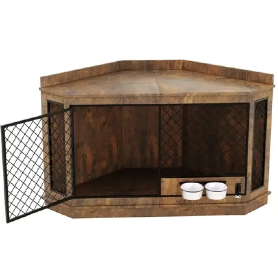 51.3" Corner Dog Crate Furniture with 360&iexcl;&atilde; Rotating Feeder, Decorative Dog Crates Dog Cage TV Stand Wooden Dog Kennel End Table image {6}