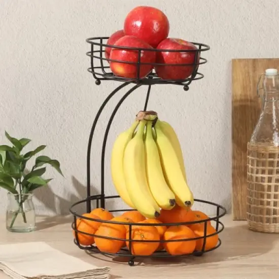 Gibson Home Harvest Season Two-Tier Fruit Basket with Banana Hanger &ndash; Black Metal Countertop Produce Stand image {3}