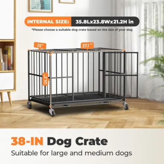 XBRIGH round tube lightweight dog crate with wheels for mobility, sturdy door locks, double doors and removable tray design image {2}
