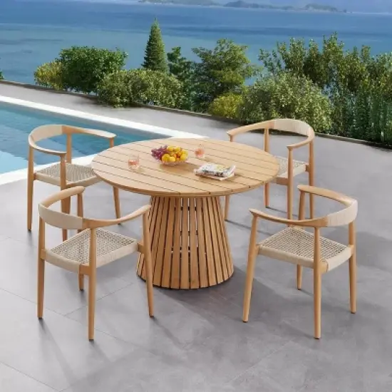 Circular Planked Wood Outdoor Dining Set 4 Ergonomic Woven Armchairs with Radial Pedestal Base image {1}