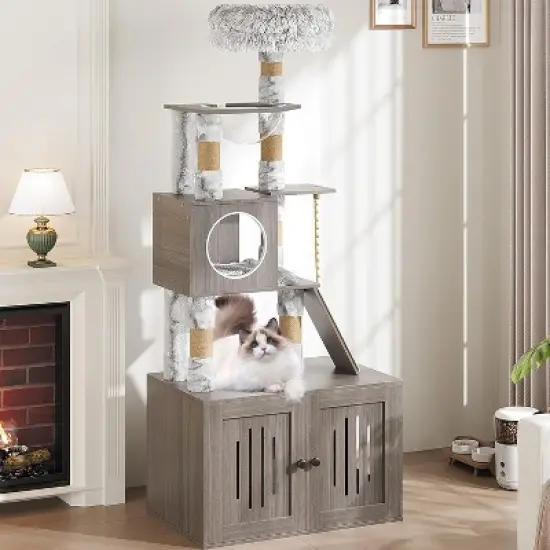 2-in-1 Cat Tower with Multiple Platforms, 66.9in Tall Hidden Washroom Litter Box Enclosure with Cat Tree, Wooden Cat Condo with Scratching Post, Gray image {7}
