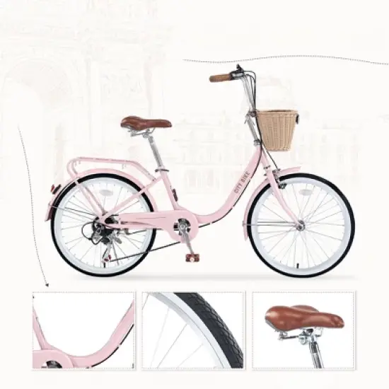 INFURNIC Bicycles, 22 Inch Ladies Bicycle with Basket, Commute Bicycle Women Ladies, Pink, 61"*24.41"*38.9" image {2}