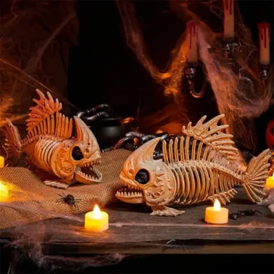 Joyfy 2 PCS 9.5" Halloween Fish Skeleton Decorations Plastic Fish Bone Halloween Indoor Outdoor Decor Party Favors Haunted House Graveyard Props image {5}