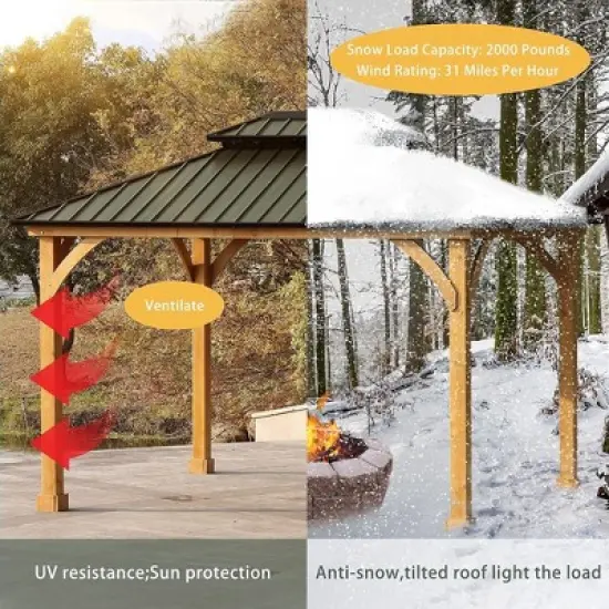 Aoodor Patio Solid Wooden Gazebo 10 x 12.36 ft. Hardtop Roof 2 - Tier for Garden image {2}