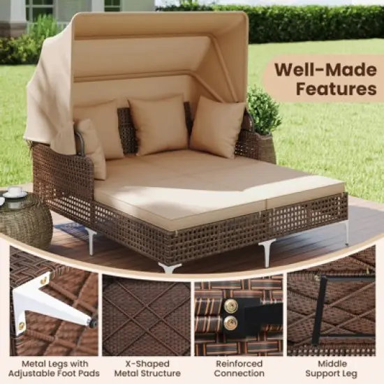 Costway Outdoor Rattan Double Daybed with  Retractable Canopy & Seat Back Cushions image {8}