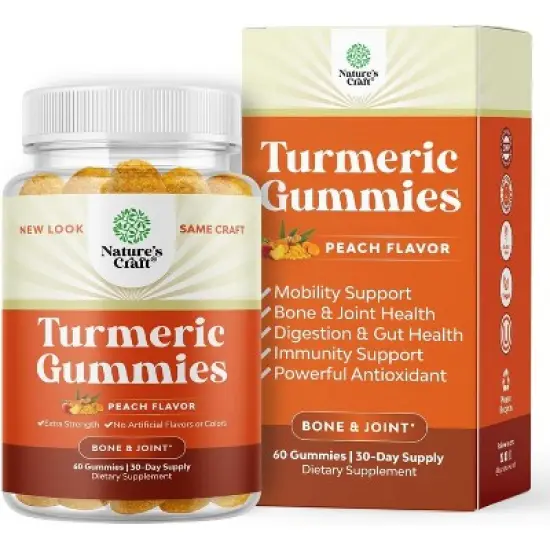 Turmeric Curcumin Gummies, Immune Booster Turmeric Gummies for Joint Support and Advanced Skin Care, Peach Flavor, Nature's Craft, 60ct image {8}