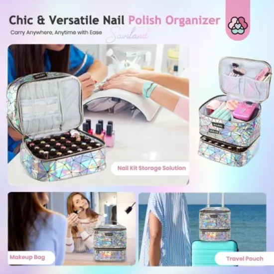 Saviland Holographic Nail Polish Organizer - PU Leather Case for 30 Bottles & Lamp, Nail Tech Supply Storage. image {5}