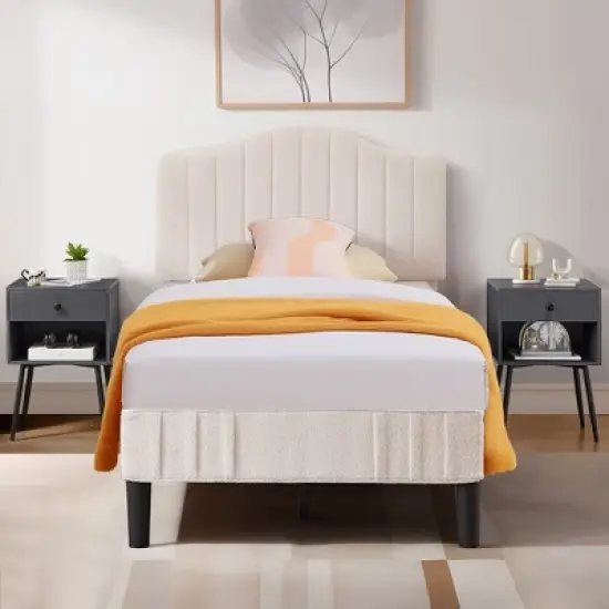 VECELO Bed Frame, Upholstered Platform Bed with Soft Teddy Fabric Adjustable Headboard, Beige/Gray image {7}