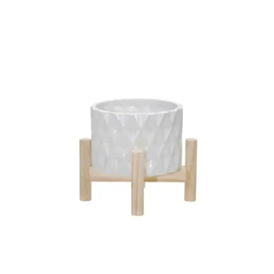 Sagebrook Home Diamond Round Ceramic Planter Pot with Wood Stand White image {1}