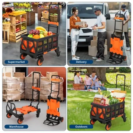 Folding Hand Truck, 2-in-1 Convertible Dolly Cart with Storage Basket, 330LB Capacity, 4 Wheels, Retractable Handle for Moving, Green image {6}