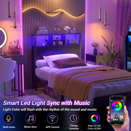Aheaplus Storage Headboard with Power Outlets & Led Lights, Height Adjustable, Reversible Headboard image {6}