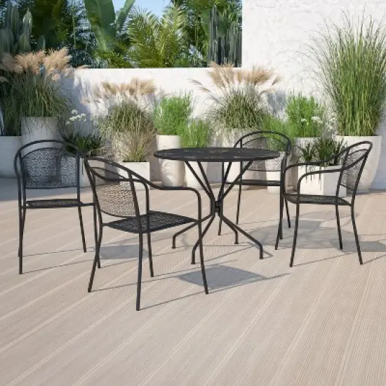 Flash Furniture Oia Commercial Grade 35.25" Round Indoor-Outdoor Steel Patio Table Set with 4 Round Back Chairs image {6}