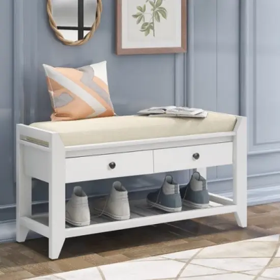 Entryway Storage Bench with Cushioned Seat, Shoe Rack and Drawers-ModernLuxe image {11}
