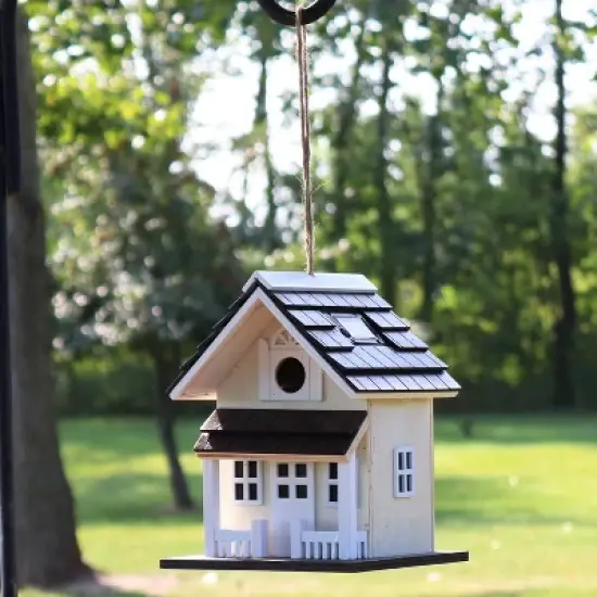 Sunnydaze 9.25" Cozy Home Wood Hanging Bird House with Solar Light Cream image {4}