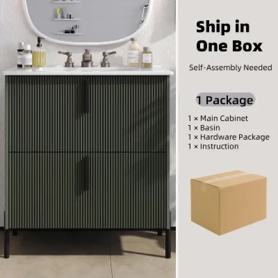 KTMBDW Fluted Design Bathroom Vanity with Ceramic Sink, Wooden Bathroom Storage Vanity with 30 Inch, Small Quick Assembly Bathroom Cabinet image {4}