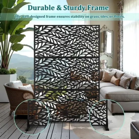 TOAOTBNBO Metal Privacy Screen with Stand, Decorative Privacy Fence Panels with Leaf Pattern, Outdoor Privacy Screen for Garden, Black image {3}