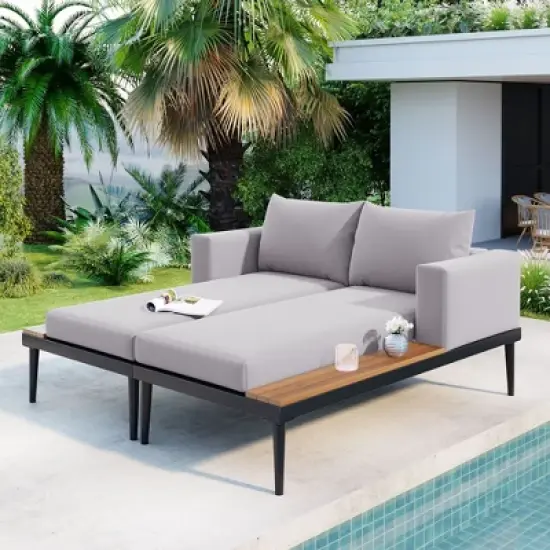 Okak Modern Oversized Outdoor Chaise Lounge,2 in 1 Padded Chaise Lounges with Wooden Side Tables and Adjustable Legs for Poolside,Deck,Garden image {6}