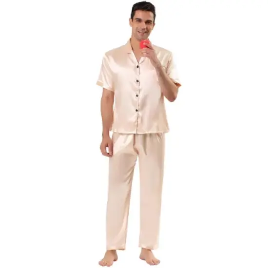 Lars Amadeus Men's Classic Satin Pajama Sets Short Sleeves Button Down Nightwear Sleepwears Loungewear Pjs image {13}