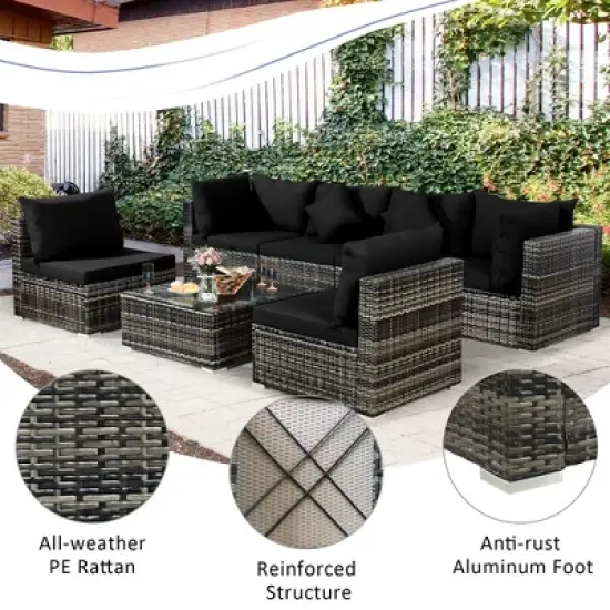 Costway 7PCS Patio Rattan Furniture Set Sectional Sofa Garden Black Cushion image {7}