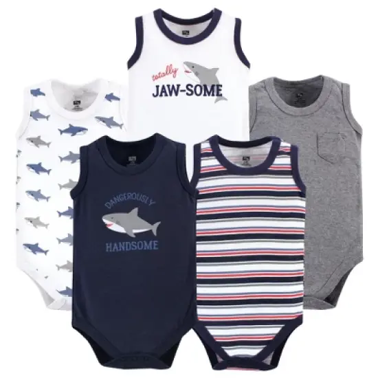 Hudson Baby Infant Boy Cotton Sleeveless Bodysuits 5pk, Shark image {4}