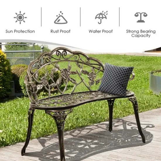 Costway Outdoor Garden Bench Chair Loveseat Cast Aluminum Patio Antique Rose image {4}