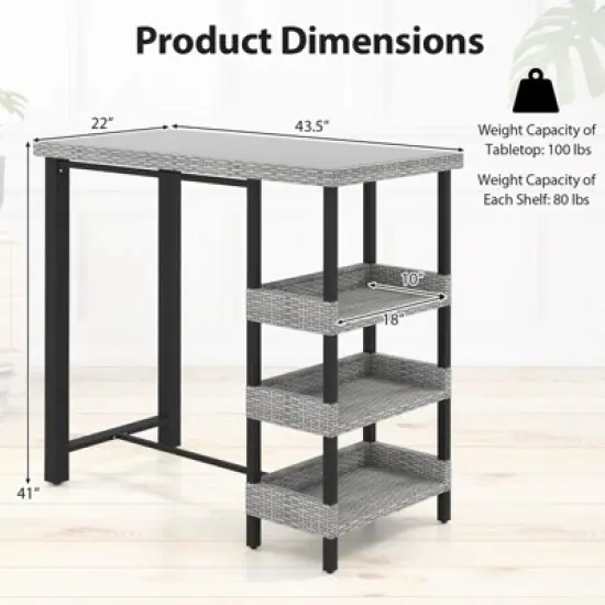 Costway 43.5" Outdoor Bar Table with Tempered Glass Top & 3 Rattan Shelves Storage image {2}