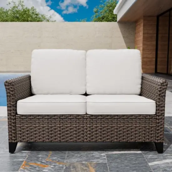 EAGLE PEAK Ocean Vista Outdoor Wicker Patio Sofa, Variated All-weather PE Wicker Loveseat with Cushions image {8}