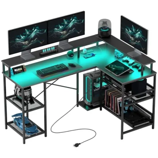 HOMCOM L Shaped Desk with LED Lights and Power Outlets, 59" Gaming Desk with Monitor Stand and Storage Shelves, Corner Computer Desk image {6}