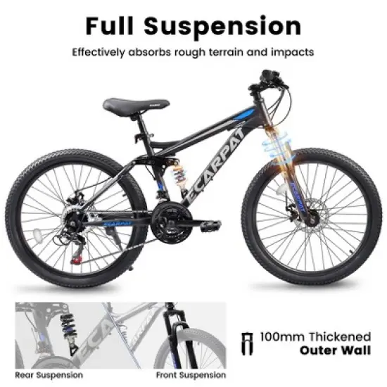NAYSAYE 24 Inch Mountain Bike 21 Speed Full Suspension Steel Frame Adult Bike for Trail Riding, Black, 68.9"*22.4"*46.1" image {2}