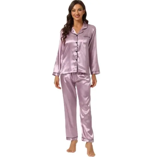 Allegra K Women's Satin Button Down Sleepshirt with Pants Halloween Pajama Set image {15}