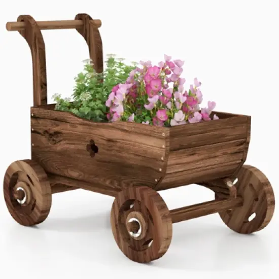 Tangkula Wooden Wagon Planter Box Decorative Garden Planter w/ Wheels Handle Drain Hole Rustic Wooden Flower Planter image {10}