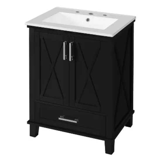 Whisen 24" Bathroom Vanity with Single Sink, Solid Wood/MDF Frame, 2 Soft-Close Doors & 1 Divided Drawer with Storage Shelves image {9}