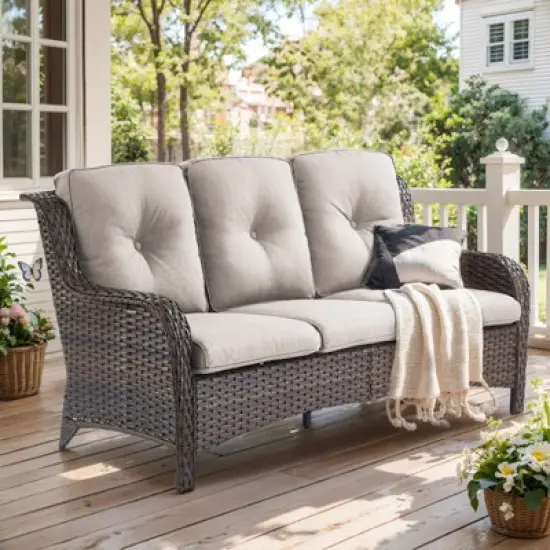 Buenhomino Outdoor Patio Couch Wicker Sofa - 3 Seater Rattan Sofa for Outside Patio Garden with Deep Seating and Olefin Cushions image {1}