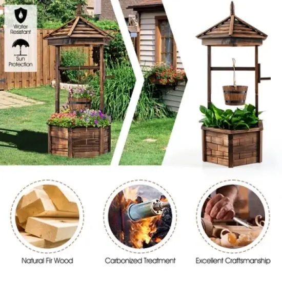 Costway Wooden Wishing Well Hexagonal Bucket Flower Plants Planter Patio Garden Decor image {7}