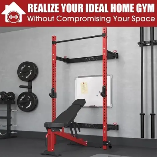 ER Kang 2" x 2" Folding Squat Rack Wall Mounted, Power Rack with Pull Up Bar, J Hooks, Landmine, Space-Saving Home Gym 1000 LBS Capacity, Red image {2}