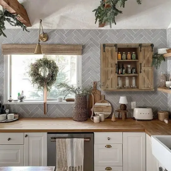 LuxenHome Farmhouse Wood Sliding 2-Door Wall Storage Cabinet image {11}