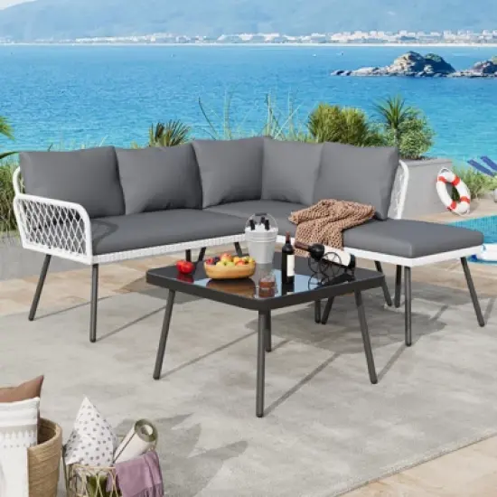 Garvee 4-Piece Patio Sectional Set with Coffee Table & Ottoman,  Outdoor Sofa Handmade Rattan & Metal Frame, for Backyard, Garden and Poolside image {2}