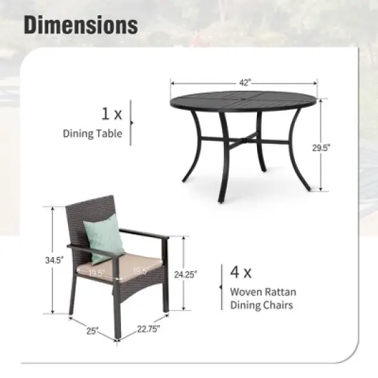 Captiva Designs 5pc Patio Dining Set Steel Frame Table with Umbrella Hole & Rattan Chairs with Removable Cushions image {10}