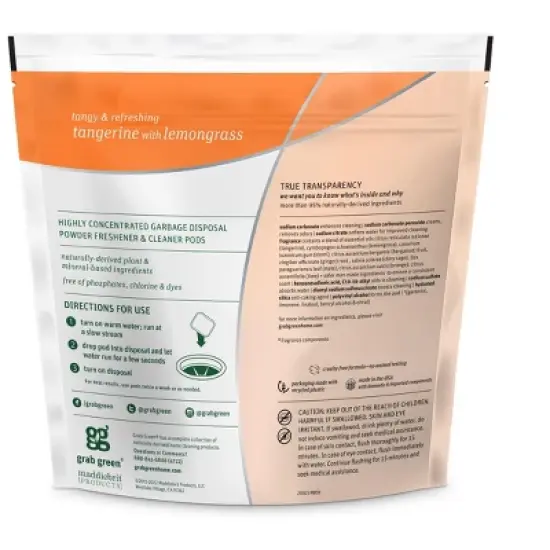 Grab Green Garbage Disposal Freshener & Cleaner Pods, Tangerine with Lemongrass Scent image {1}