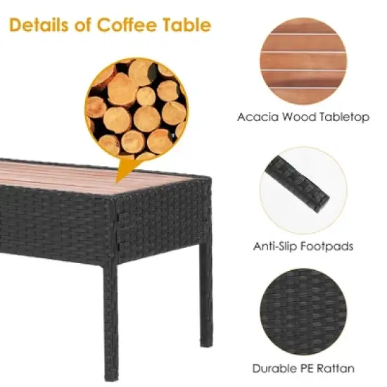 Costway 4PCS Patio Rattan Furniture Set Cushioned Chair Wooden Tabletop Black image {6}