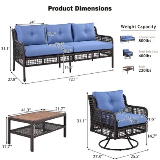 FIONECA 4-Piece Patio Furniture Set with Swivel Chairs, Outdoor Rattan Conversation Sofa Set for 5 People, Cushions & Coffee Table, Blue image {5}