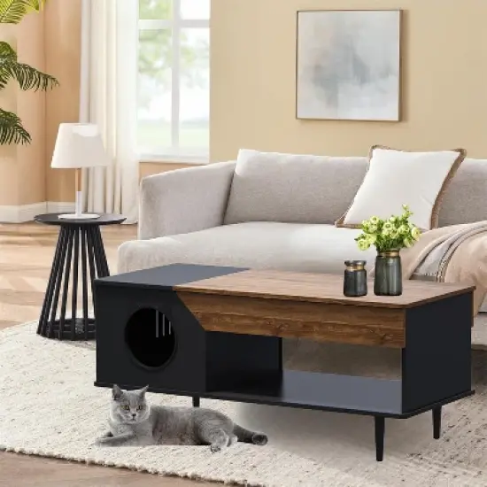 45" Coffee Table with Cat House - Hidden Litter Box Furniture with Storage Drawer Rustic image {5}
