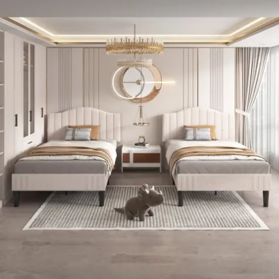 VECELO Bed Frame, Upholstered Platform Bed with Soft Teddy Fabric Adjustable Headboard, Beige/Gray image {15}