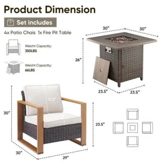 Buenhomino Outdoor Wicker Patio Furniture Set with Fire Pit Table, 5 Pieces Patio Conversation Sets with 4 Outdoor Patio Chairs and 1 Fire Pit Table image {2}