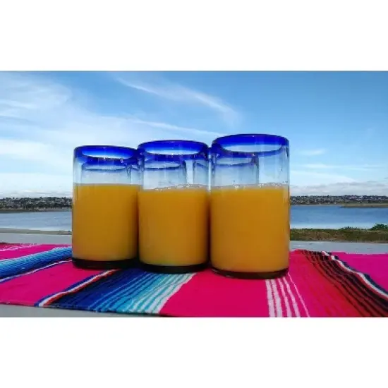 Dos Sue&ntilde;os Mexican Hand Blown  Drinking Glasses - Blue Rim - 14oz - Set of 6 image {2}