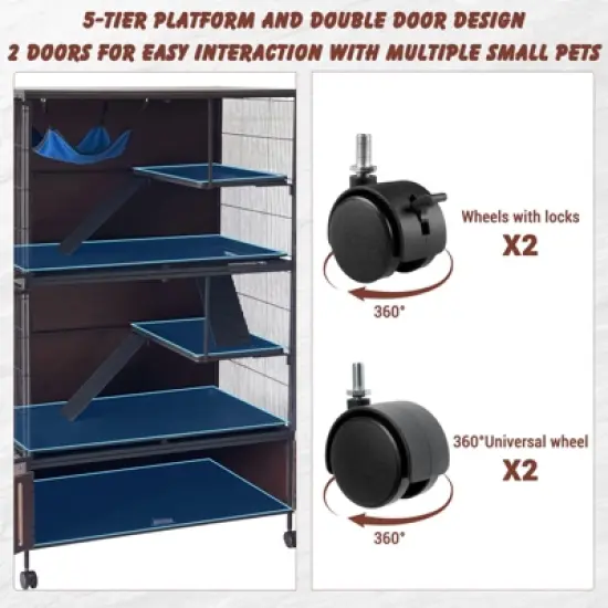 60" 5-Tier Ferret Cage, Multi-Level Chinchilla Cage with Lockable Doors, Ramps, Hammock, Wheels, Storage Cabinet, Small Animal Habitat image {3}