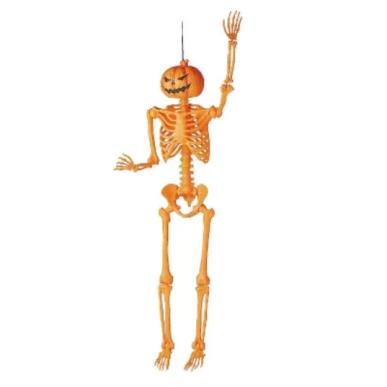 5 Ft. Posable Orange Pumpkinhead Skeleton Halloween Decoration image {1}