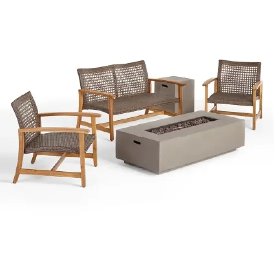 Christopher Knight Home Augusta Outdoor Acacia Wood and Wicker 4 Seater Chat Set with Fire Pit image {15}