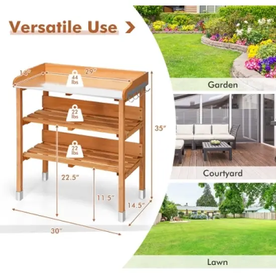 Costway Garden Wooden Potting Bench Work Station Table Tool Storage Shelf W/Hook image {3}