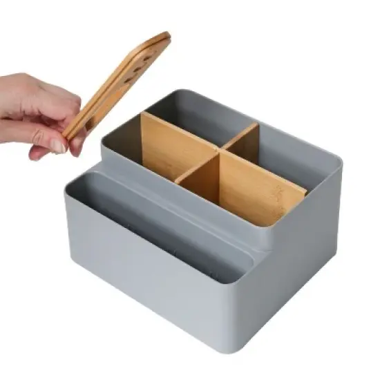 Seville Classics 2 Piece Bamboo Pen and Pencil Caddy Set with Drop-In Dividers, Gray image {2}